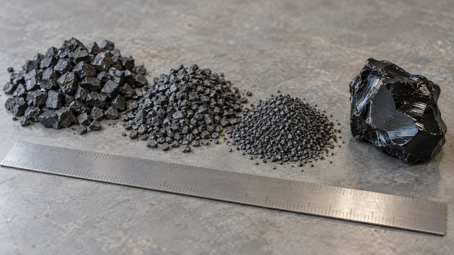 Calcined carbon aggregate in graded fractions alongside solid glossy pitch binder on a neutral surface, with a steel ruler for scale.