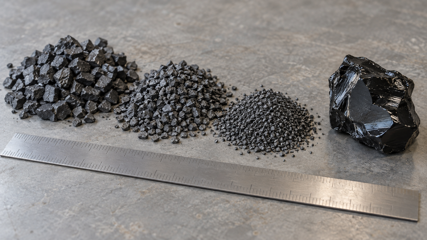 Calcined carbon aggregate in graded fractions alongside solid glossy pitch binder on a neutral surface, with a steel ruler for scale.