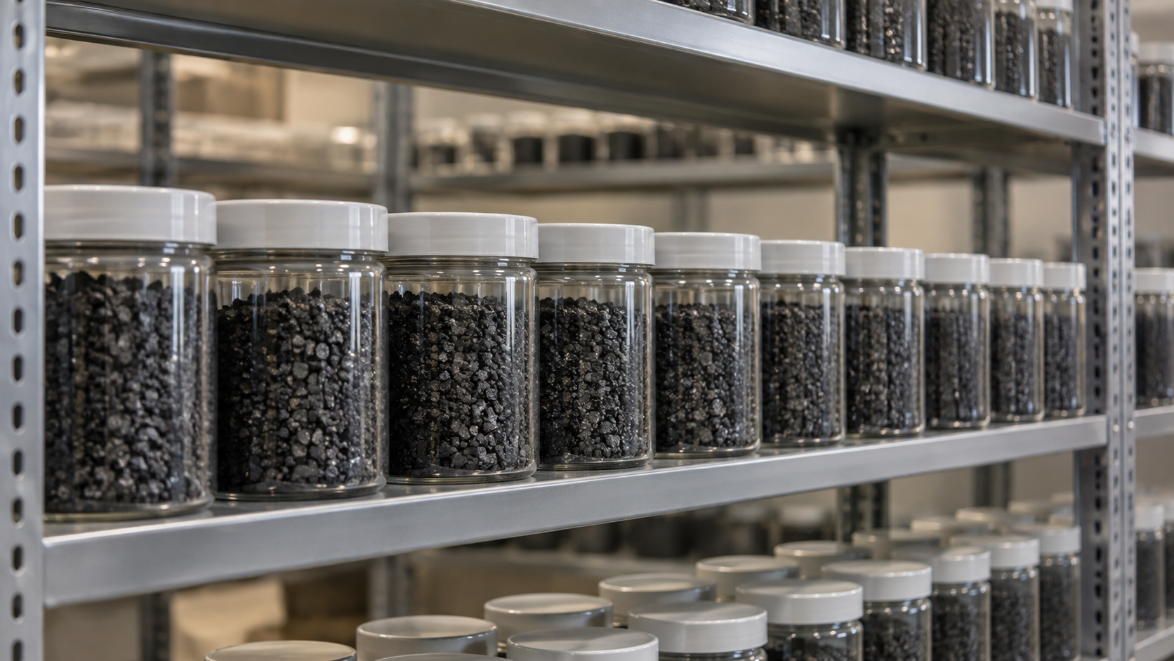 Rows of sealed retained-sample containers holding dark granular carbon material on laboratory shelving.