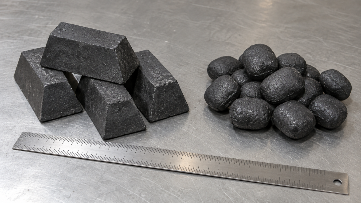 Trapezoidal electrode paste blocks and smaller rounded pebble-form briquettes placed side by side on a neutral industrial surface with a steel ruler for scale.