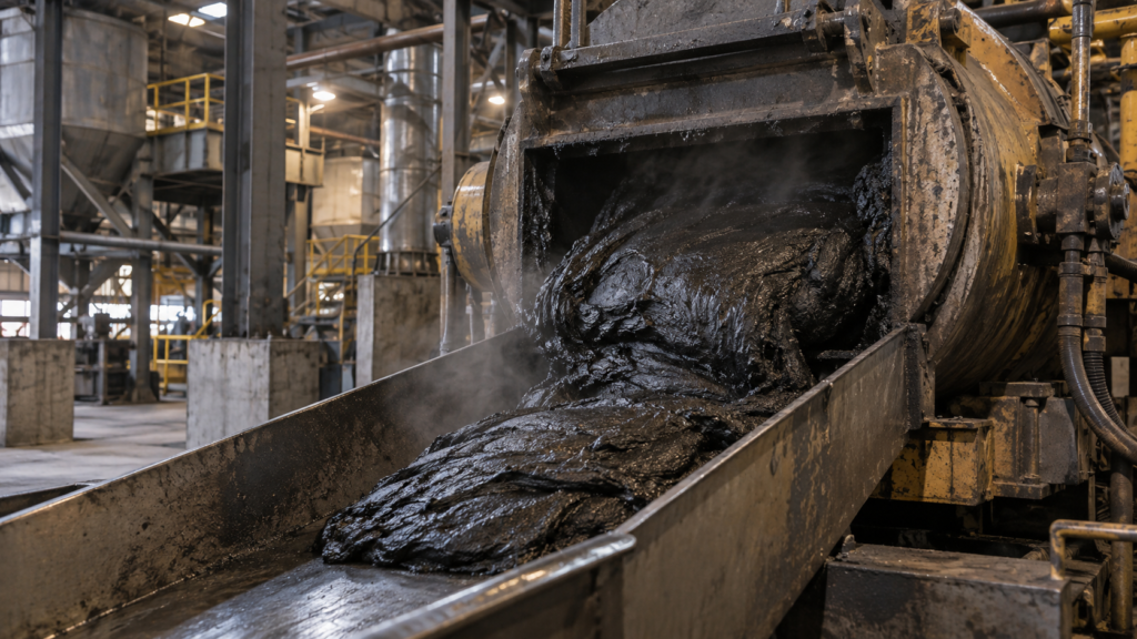 Heated kneading mixer discharging electrode paste as a cohesive plastic mass onto a steel chute.
