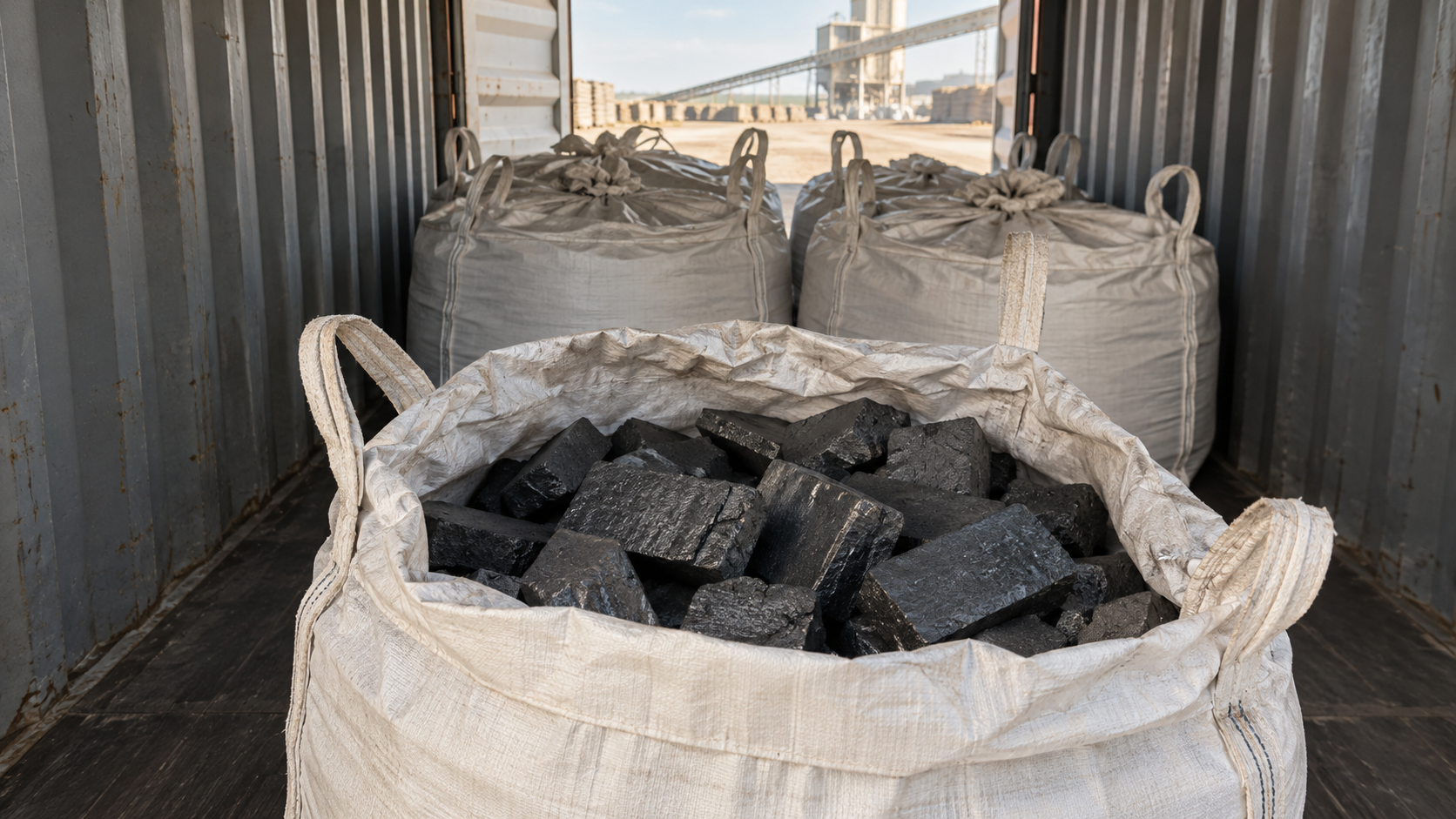 First bulk bag opened for inspection inside a container with the remainder of the load still stowed in place, showing dark paste blocks at the top of the bag.