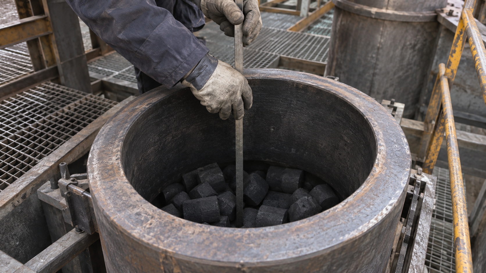 Paste level being measured at the top of an electrode casing with a measuring rod, on the charging platform of a submerged arc furnace.
