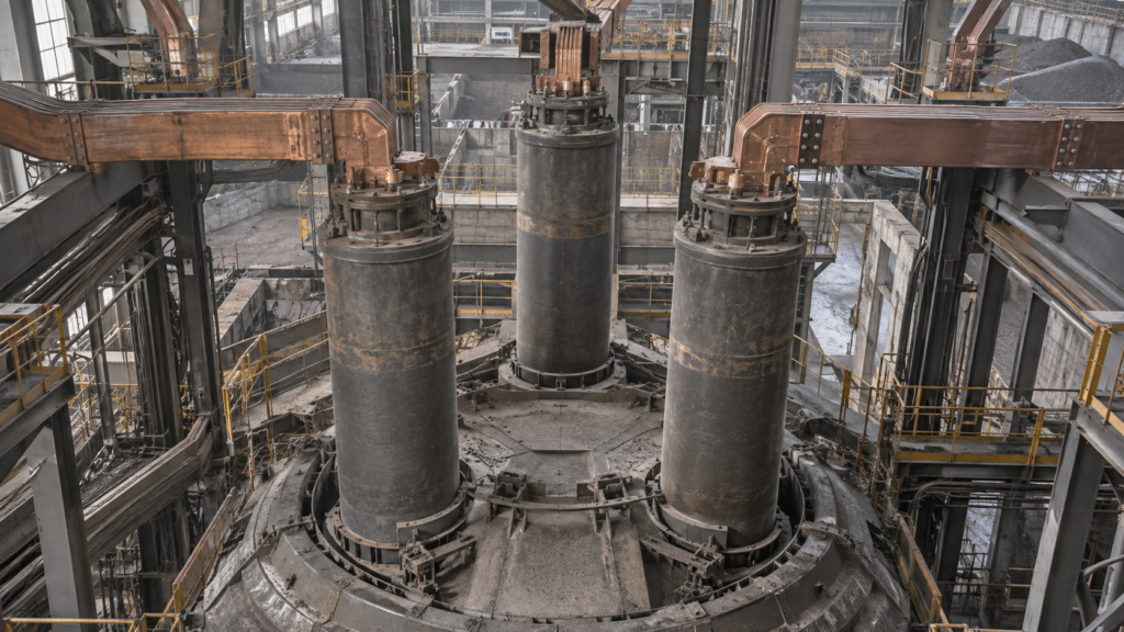 Three self-baking electrode columns arranged in a triangle above a submerged arc furnace, showing electrode diameter and spacing.