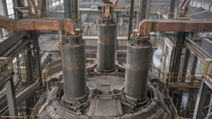Three self-baking electrode columns arranged in a triangle above a submerged arc furnace, showing electrode diameter and spacing.