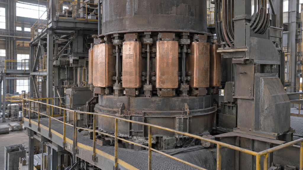 Electrode column and contact shoe assembly during a planned furnace outage, cold and accessible for inspection, with maintenance access in place.