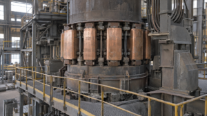 Electrode column and contact shoe assembly during a planned furnace outage, cold and accessible for inspection, with maintenance access in place.