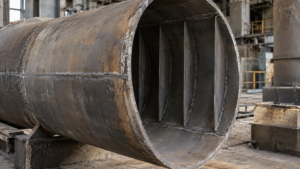 Illustration of a cold electrode casing section with an open edge exposing internal steel reinforcement fins and welded seams during maintenance.