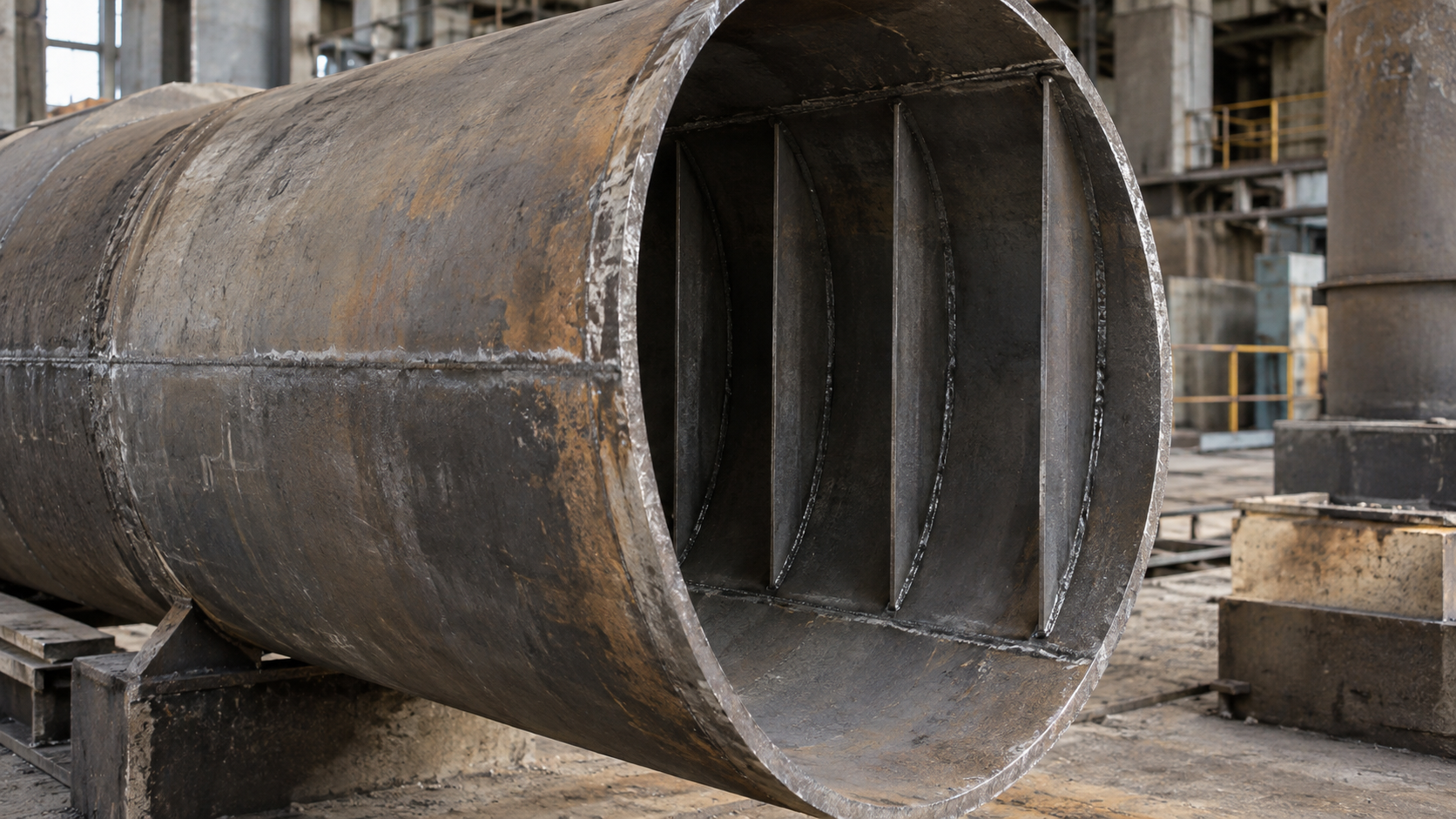 Illustration of a cold electrode casing section with an open edge exposing internal steel reinforcement fins and welded seams during maintenance.