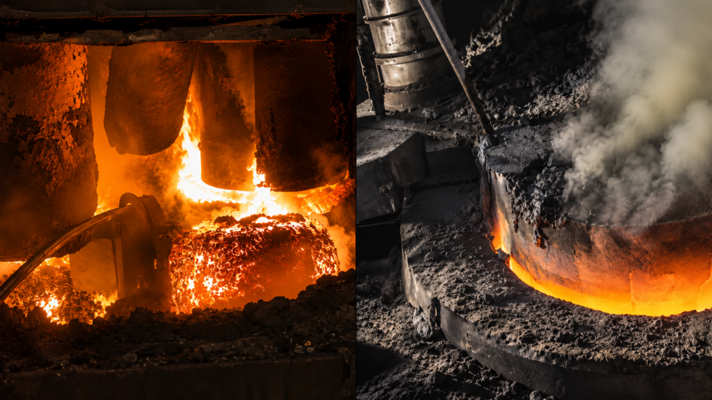 Side-by-side comparison of two Söderberg electrode fracture faces — a dry brittle hard-breakage face on the left and a tacky soft-breakage face with exposed unbaked paste on the right.