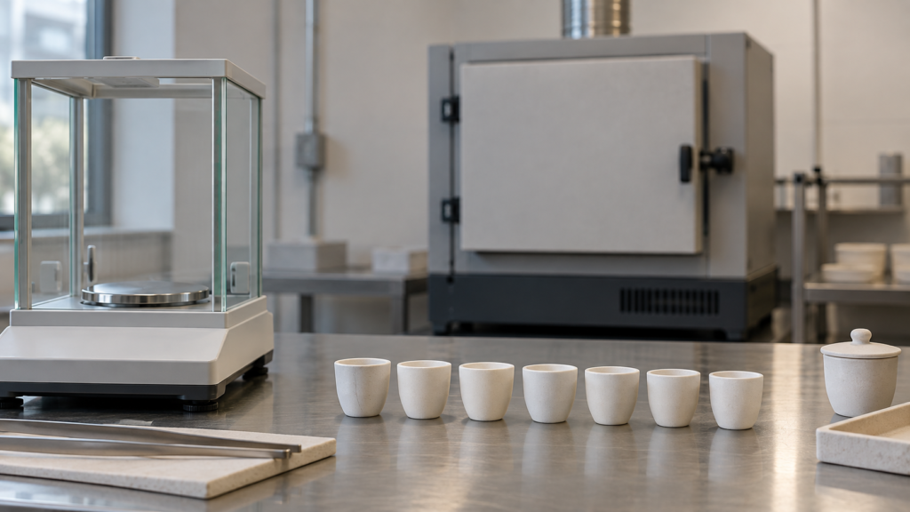 Laboratory bench prepared for ash and volatile matter determination, with ceramic crucibles, an analytical balance and a closed muffle furnace.