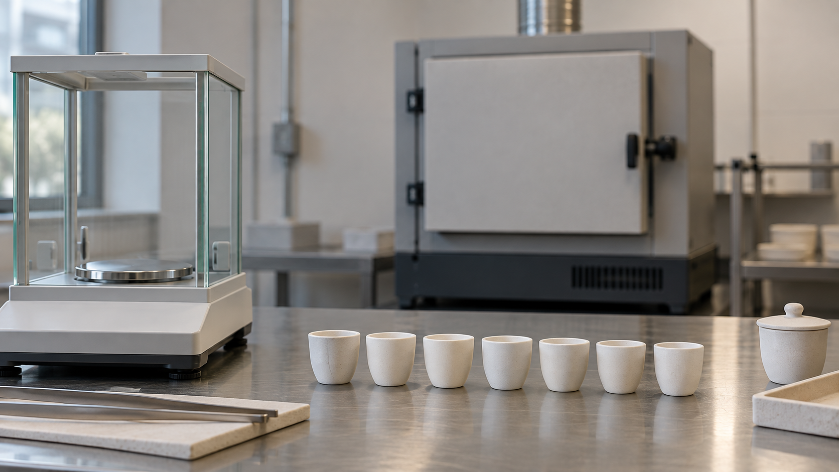 Laboratory bench prepared for ash and volatile matter determination, with ceramic crucibles, an analytical balance and a closed muffle furnace.