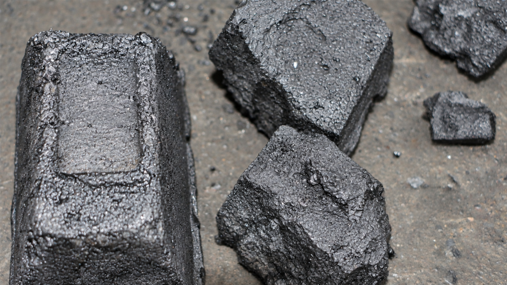 Cut face of an unbaked Söderberg electrode paste block, showing angular calcined anthracite aggregate particles bound by a dark pitch binder filling the spaces between them.